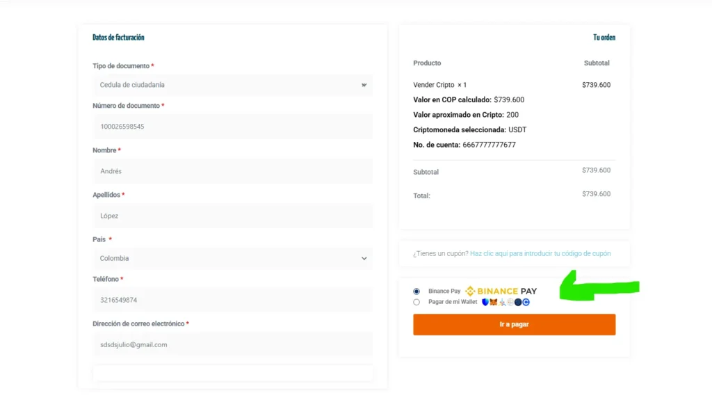 Formulario de pago bixxus Binance