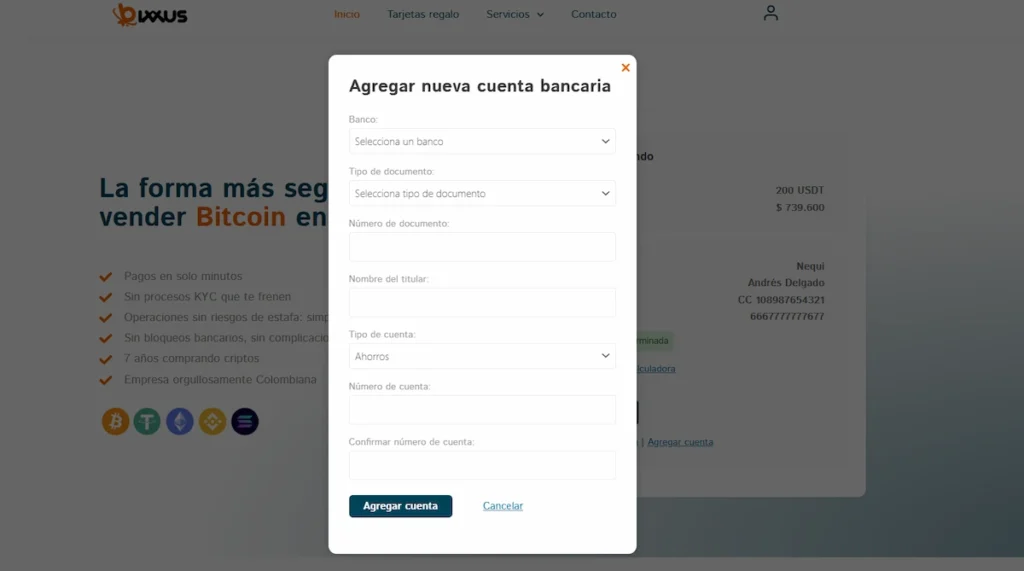 Formulario para agregar cuenta de Nequi en bixxus